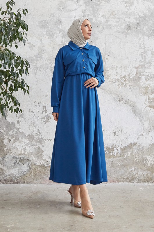 7775 - Etek Gömlek Tesettür İkili Takım Mavi̇-B6