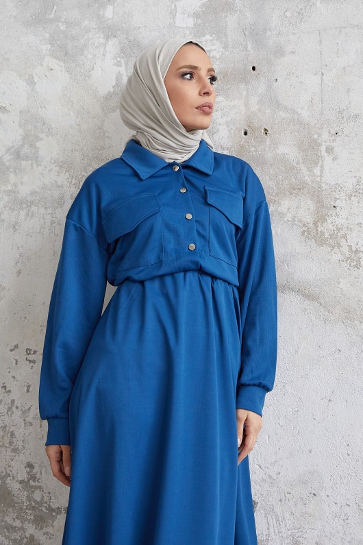 7775 - Etek Gömlek Tesettür İkili Takım Mavi̇-B6