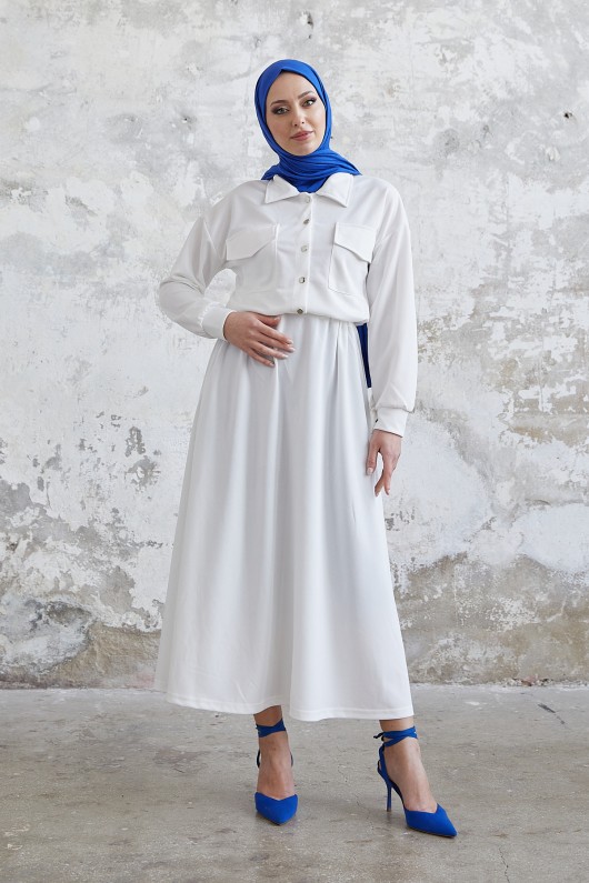 7775 - Etek Gömlek Tesettür İkili Takım Beyaz-B6 7775 - Etek Gömlek Tesettür İkili Takım Beyaz-B6