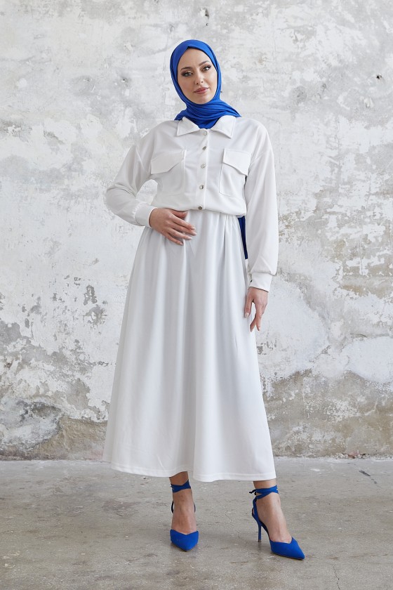 7775 - Etek Gömlek Tesettür İkili Takım Beyaz-B6