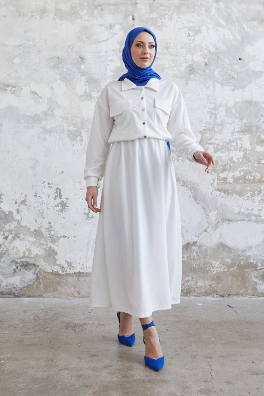 7775 - Etek Gömlek Tesettür İkili Takım Beyaz-B6 7775 - Etek Gömlek Tesettür İkili Takım Beyaz-B6