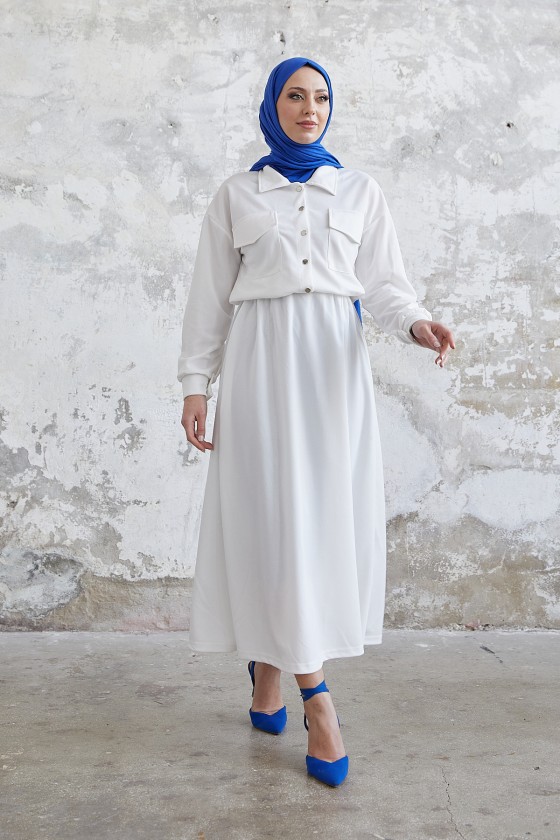 7775 - Etek Gömlek Tesettür İkili Takım Beyaz-B6