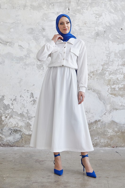 7775 - Etek Gömlek Tesettür İkili Takım Beyaz-B6 7775 - Etek Gömlek Tesettür İkili Takım Beyaz-B6