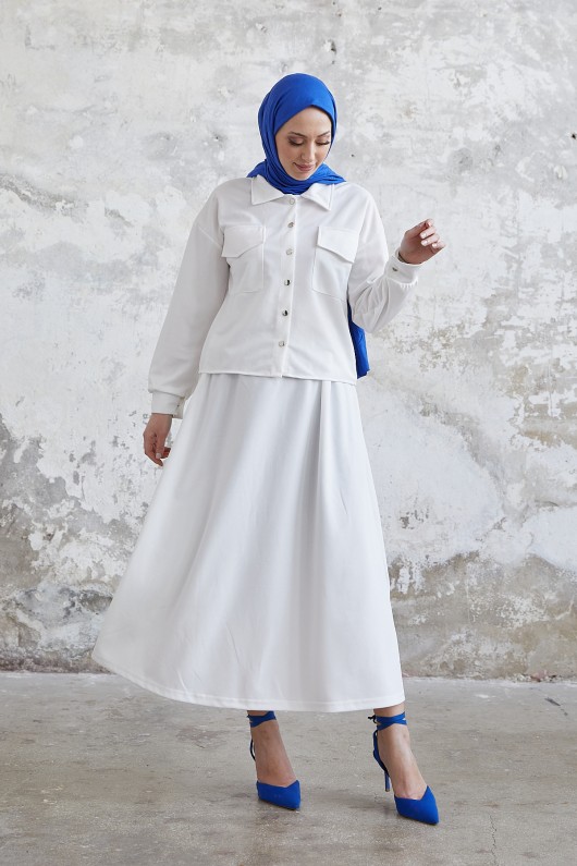 7775 - Etek Gömlek Tesettür İkili Takım Beyaz-B6 7775 - Etek Gömlek Tesettür İkili Takım Beyaz-B6