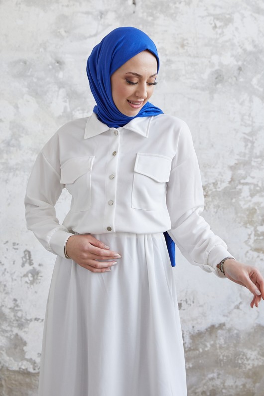 7775 - Etek Gömlek Tesettür İkili Takım Beyaz-B6 7775 - Etek Gömlek Tesettür İkili Takım Beyaz-B6