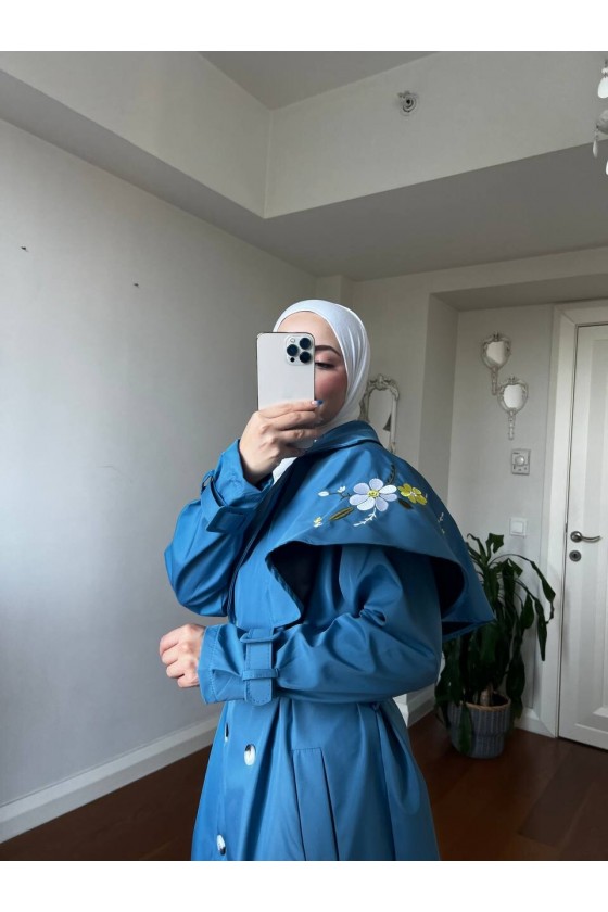 4401 - İşleme Detaylı Tesettür Trençkot Mavi-F1