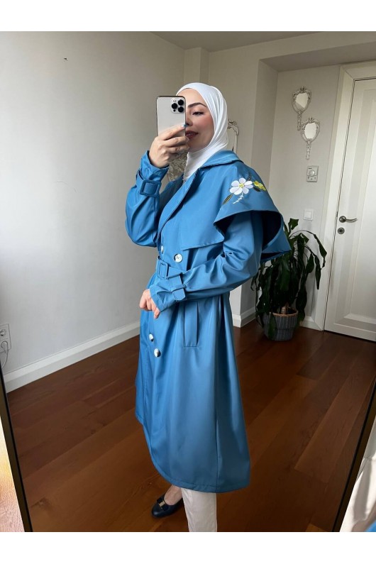 4401 - İşleme Detaylı Tesettür Trençkot Mavi-F1 4401 - İşleme Detaylı Tesettür Trençkot Mavi-F1