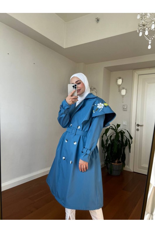 4401 - İşleme Detaylı Tesettür Trençkot Mavi-F1 4401 - İşleme Detaylı Tesettür Trençkot Mavi-F1