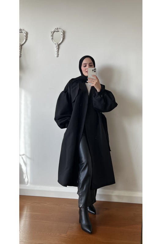 9971 - Balon Kol Tesettür Trençkot Si̇yah-F1