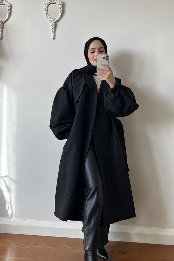9971 - Balon Kol Tesettür Trençkot Si̇yah-F1