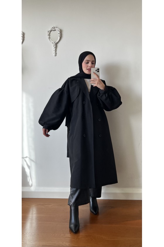 9971 - Balon Kol Tesettür Trençkot Si̇yah-F1