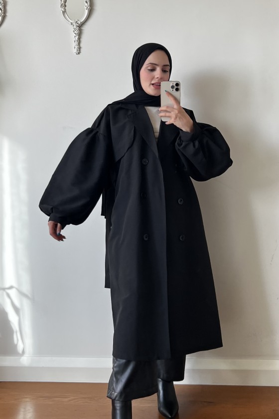9971 - Balon Kol Tesettür Trençkot Si̇yah-F1