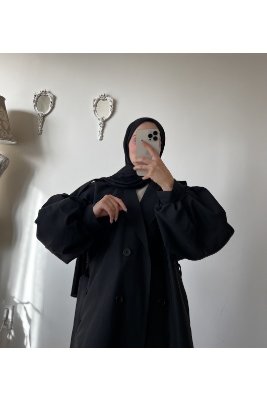 9971 - Balon Kol Tesettür Trençkot Si̇yah-F1