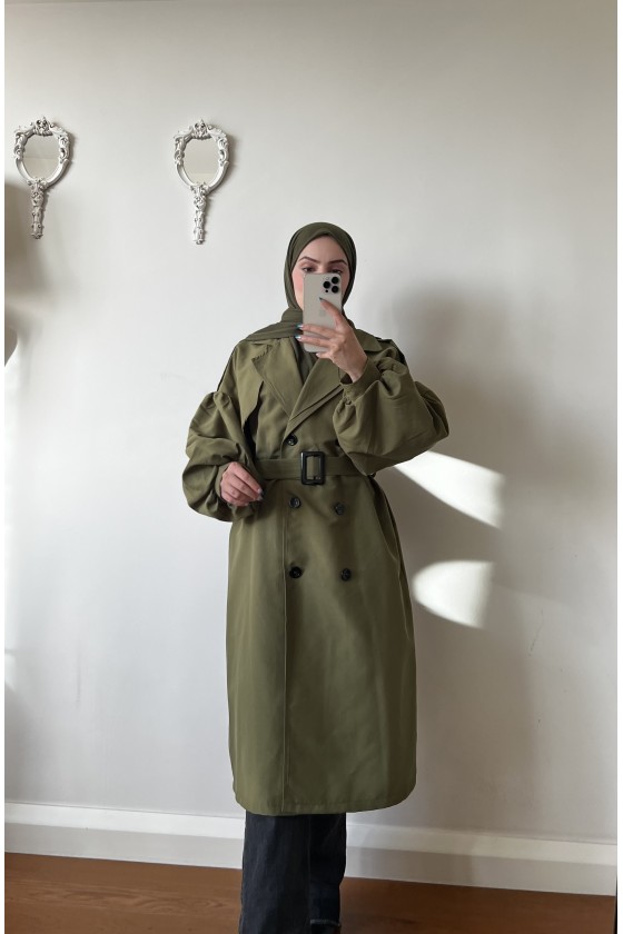 9971 - Balon Kol Tesettür Trençkot Haki̇-F1