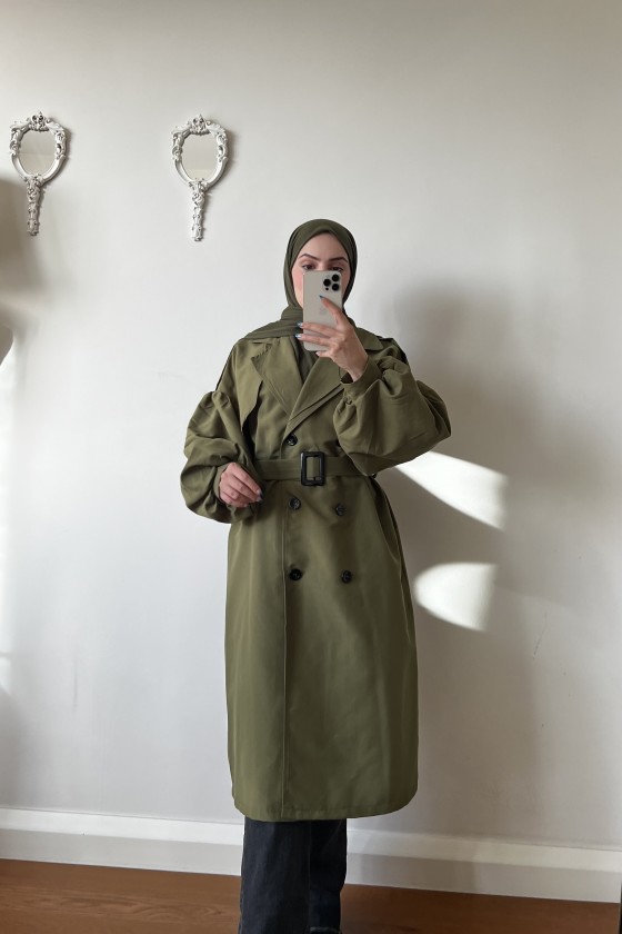 9971 - Balon Kol Tesettür Trençkot Haki̇-F1