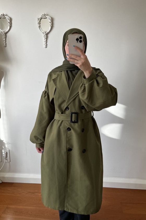 9971 - Balon Kol Tesettür Trençkot Haki̇-F1