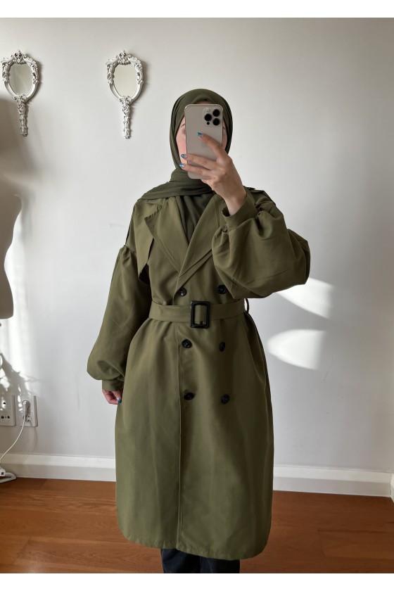 9971 - Balon Kol Tesettür Trençkot Haki̇-F1