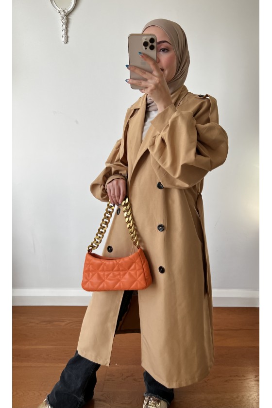 9971 - Balon Kol Tesettür Trençkot Camel-F1