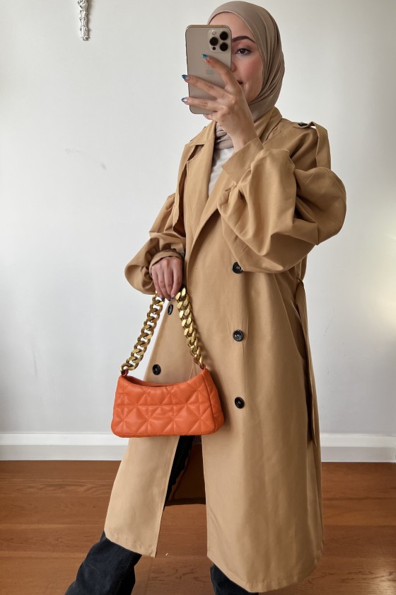 9971 - Balon Kol Tesettür Trençkot Camel-F1