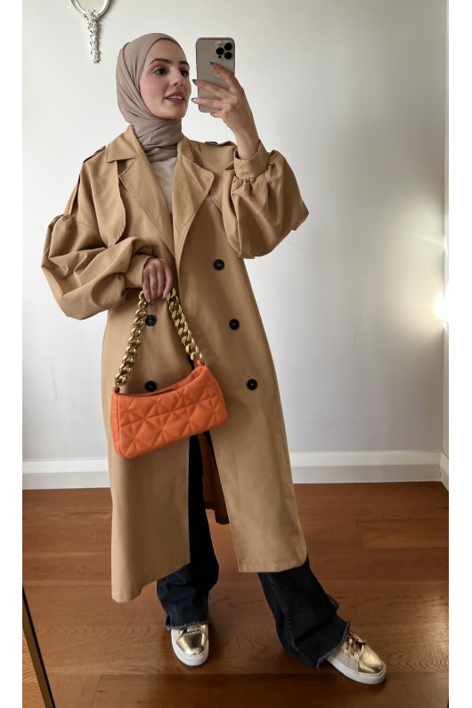 9971 - Balon Kol Tesettür Trençkot Camel-F1 9971 - Balon Kol Tesettür Trençkot Camel-F1