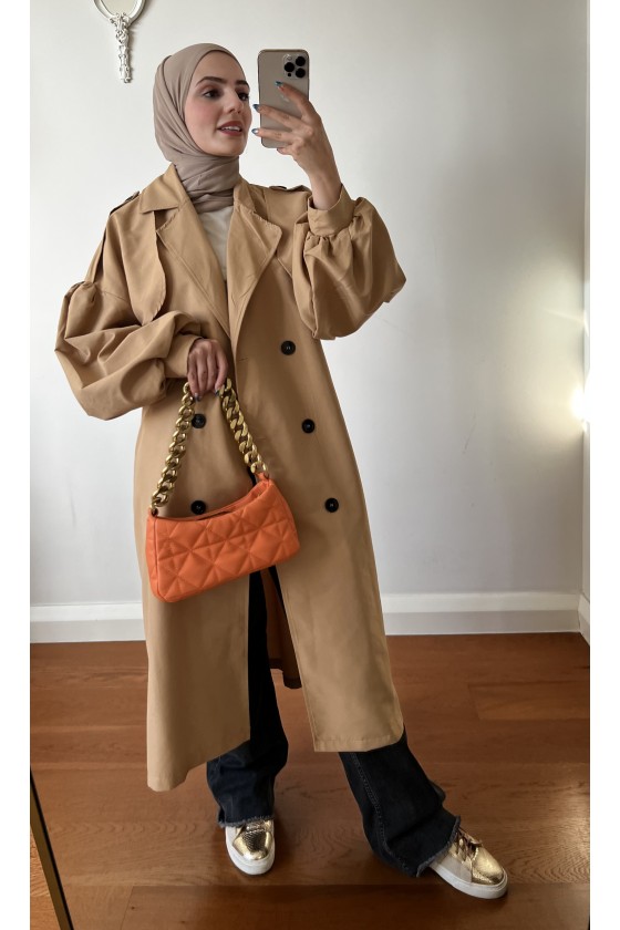 9971 - Balon Kol Tesettür Trençkot Camel-F1 9971 - Balon Kol Tesettür Trençkot Camel-F1