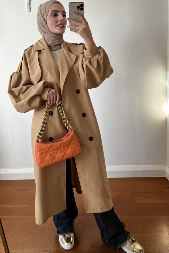 9971 - Balon Kol Tesettür Trençkot Camel-F1