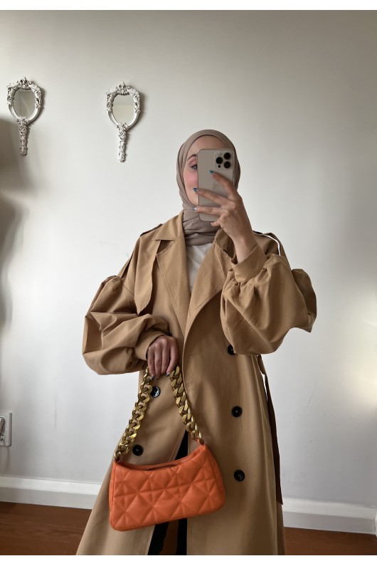 9971 - Balon Kol Tesettür Trençkot Camel-F1 9971 - Balon Kol Tesettür Trençkot Camel-F1