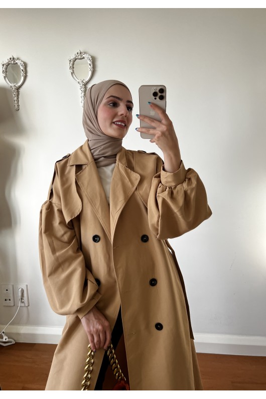 9971 - Balon Kol Tesettür Trençkot Camel-F1 9971 - Balon Kol Tesettür Trençkot Camel-F1