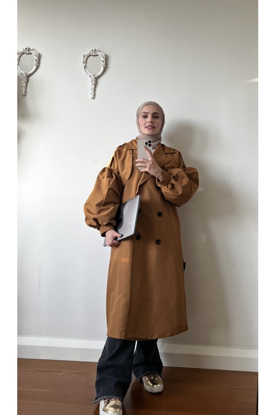 9971 - Balon Kol Tesettür Trençkot Taba-F1