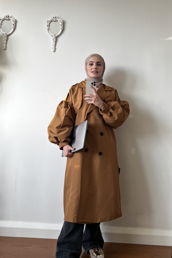 9971 - Balon Kol Tesettür Trençkot Taba-F1