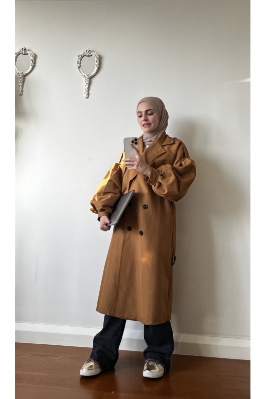 9971 - Balon Kol Tesettür Trençkot Taba-F1 9971 - Balon Kol Tesettür Trençkot Taba-F1