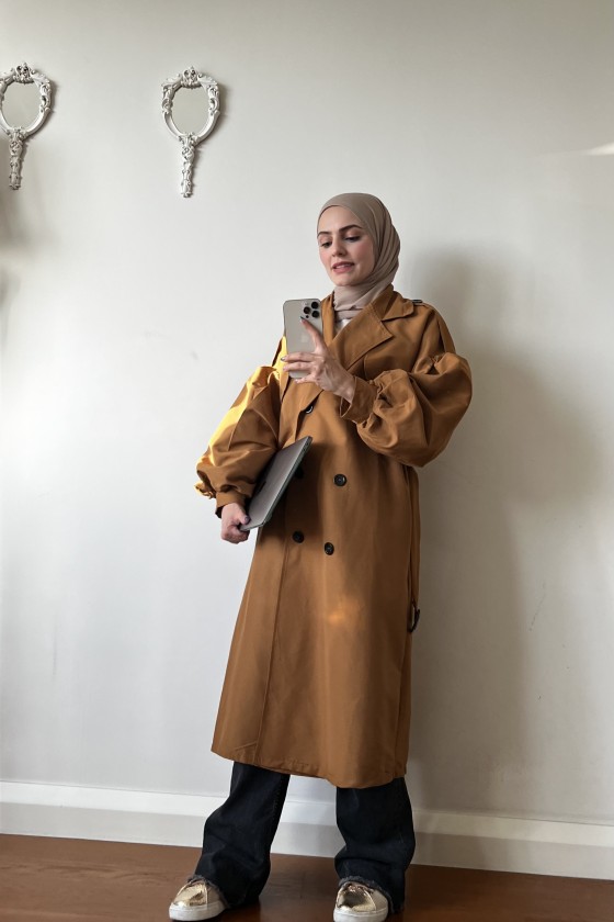 9971 - Balon Kol Tesettür Trençkot Taba-F1