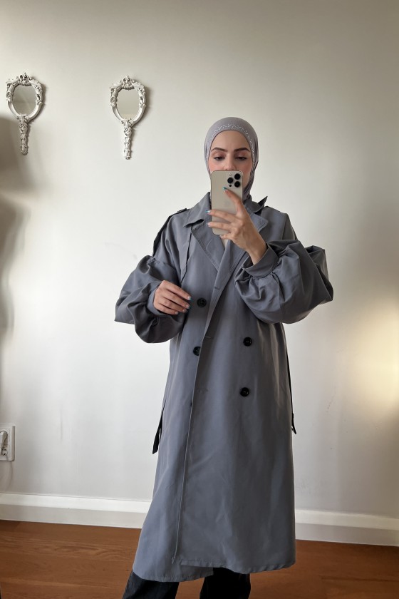 9971 - Balon Kol Tesettür Trençkot Gri̇-F1