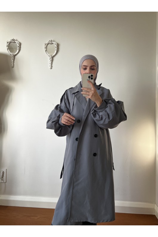 9971 - Balon Kol Tesettür Trençkot Gri̇-F1 9971 - Balon Kol Tesettür Trençkot Gri̇-F1