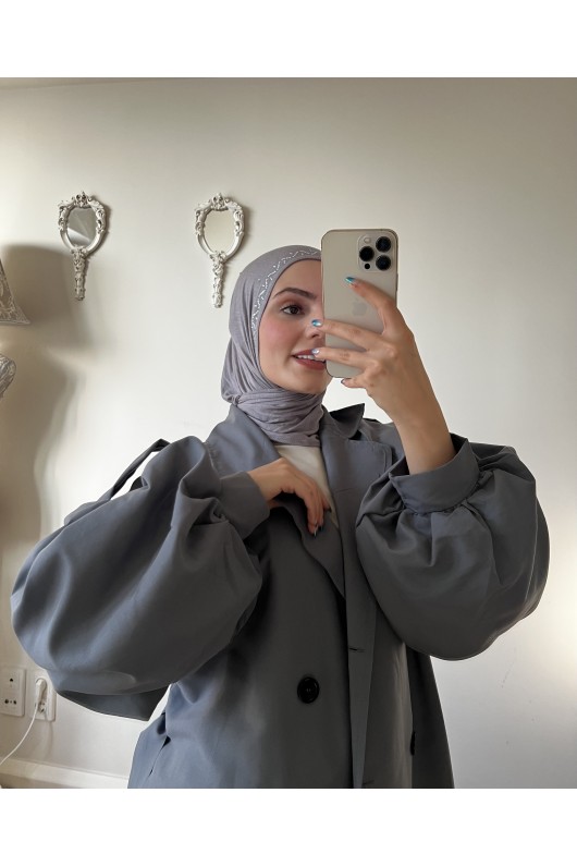 9971 - Balon Kol Tesettür Trençkot Gri̇-F1 9971 - Balon Kol Tesettür Trençkot Gri̇-F1
