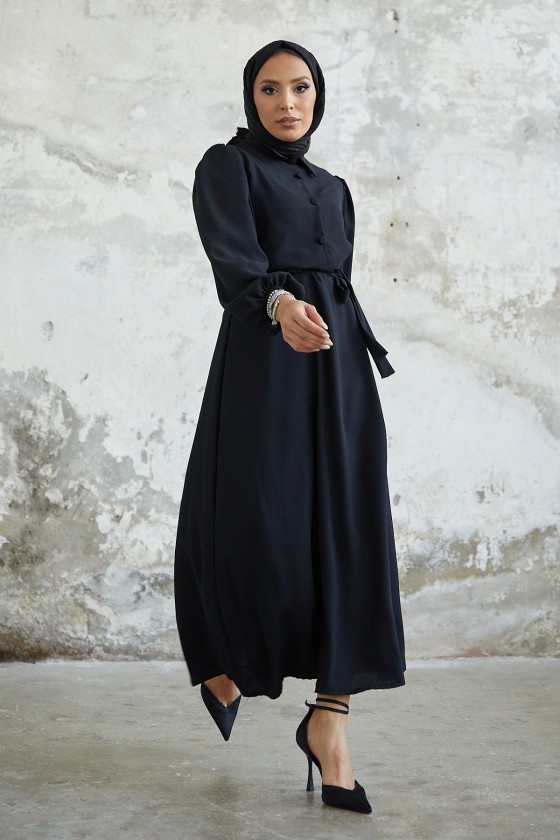 9559 - Düğme Detaylı Tesettür Elbise Si̇yah--A13