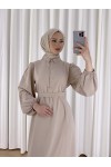 9559 - Düğme Detaylı Tesettür Elbise Bej--A13