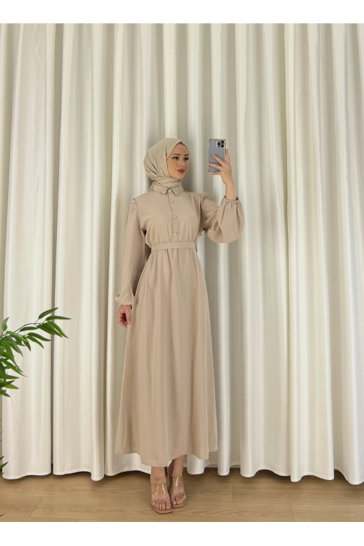 9559 - Düğme Detaylı Tesettür Elbise Bej--A13