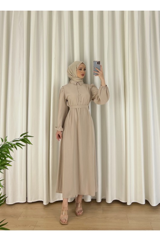 9559 - Düğme Detaylı Tesettür Elbise Bej--A13