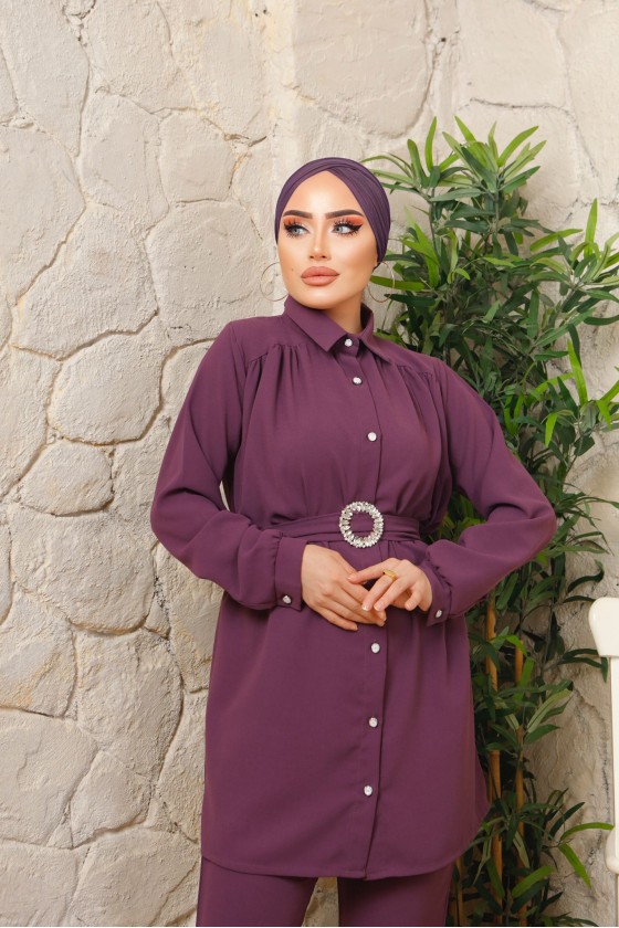 3100 - Kemerli Tesettür Takım Mor-A12