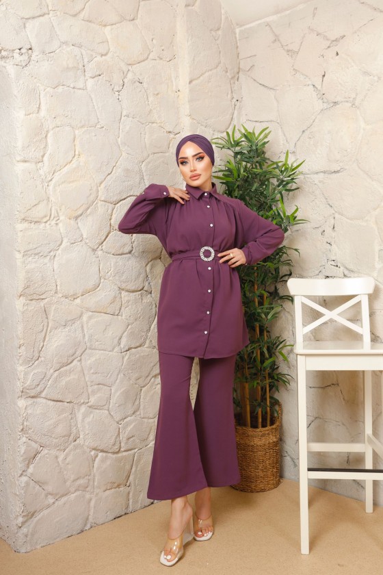 3100 - Kemerli Tesettür Takım Mor-A12