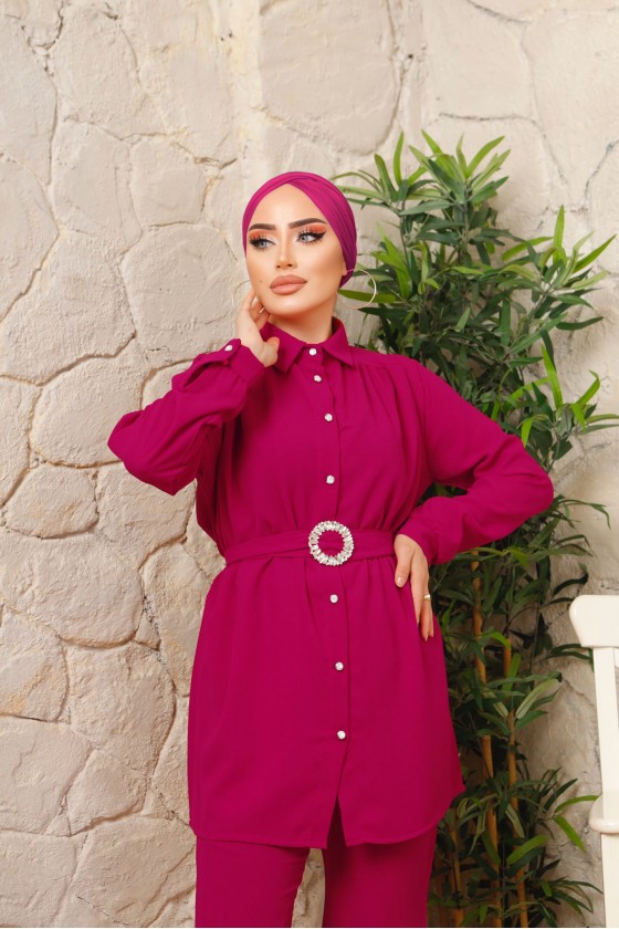 3100 - Kemerli Tesettür Takım Pembe-A12