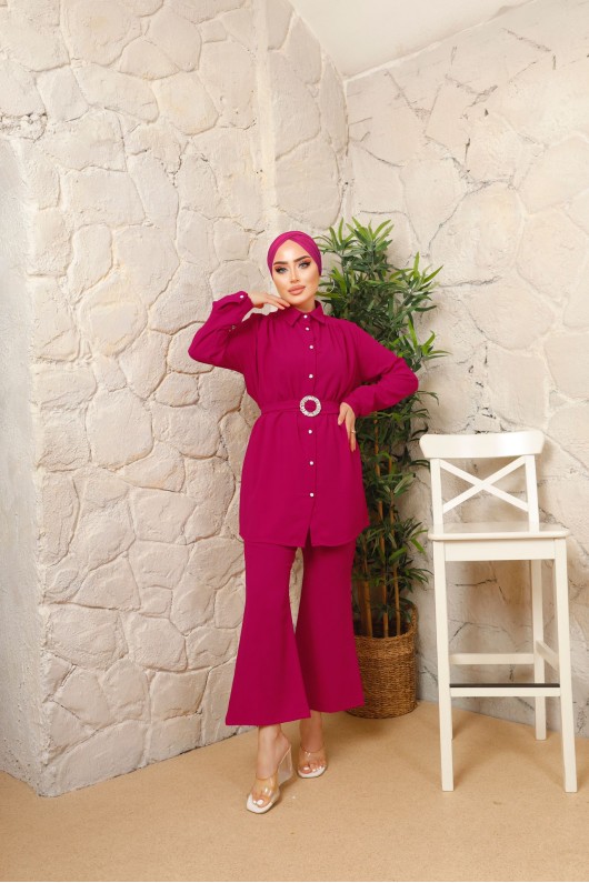 3100 - Kemerli Tesettür Takım Pembe-A12