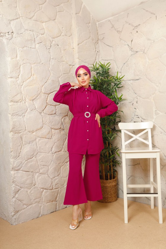 3100 - Kemerli Tesettür Takım Pembe-A12