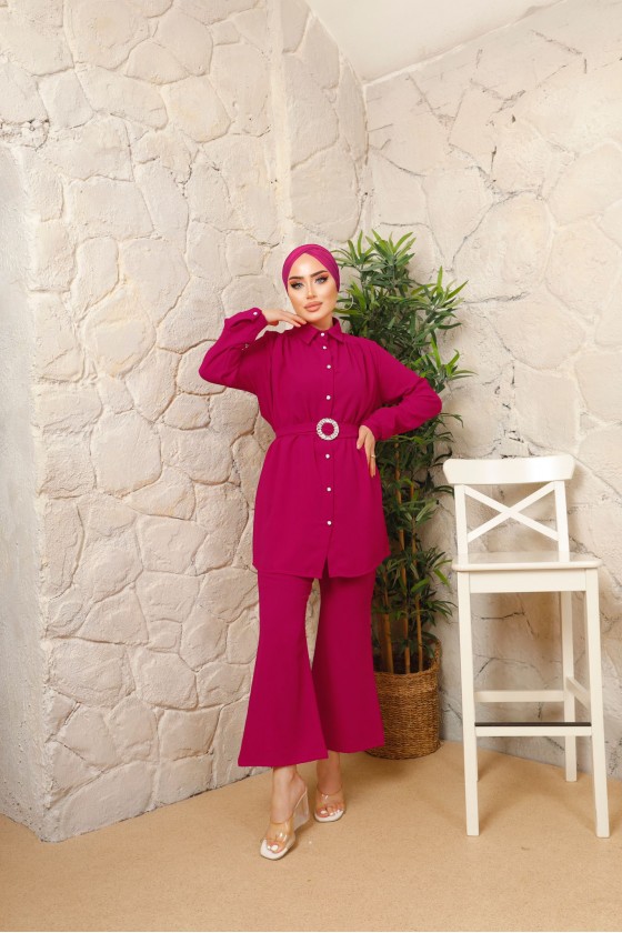 3100 - Kemerli Tesettür Takım Pembe-A12