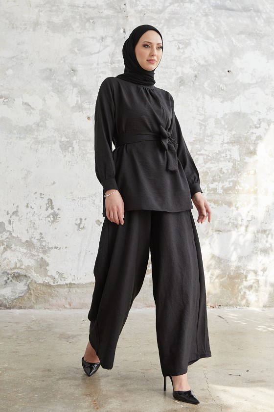 4554 - Pantolon Gömlek Tesettür İkili Takım Si̇yah-A4
