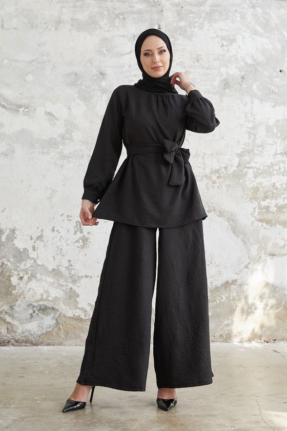 4554 - Pantolon Gömlek Tesettür İkili Takım Si̇yah-A4