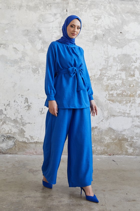 4554 - Pantolon Gömlek Tesettür İkili Takım Mavi̇-A4