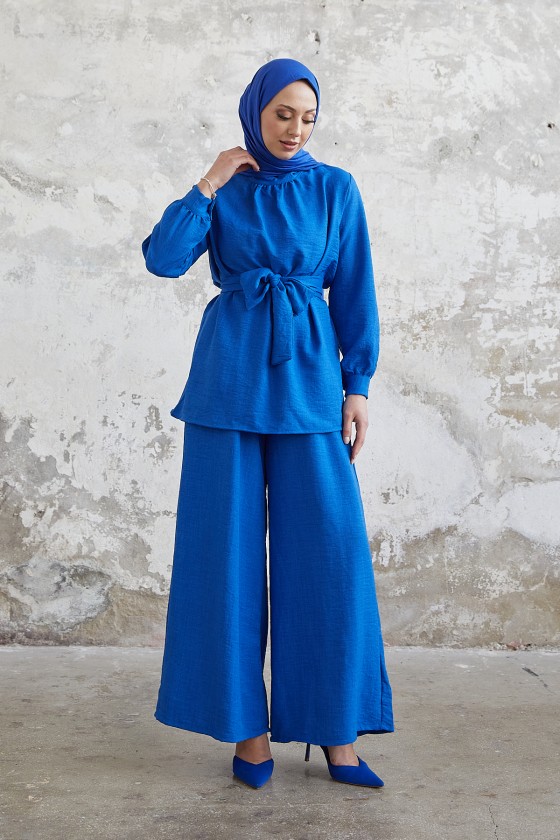 4554 - Pantolon Gömlek Tesettür İkili Takım Mavi̇-A4