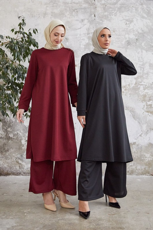 7150 - Tunik Pantolon Tesettür İkili Takım Bordo-A10